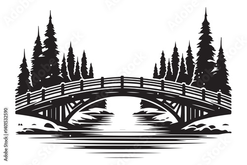 Picturesque river bridge reflection nature vector art tranquil landscape