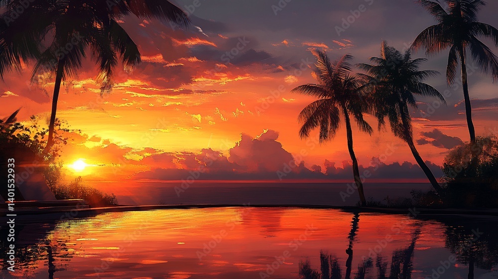 Obraz premium Tropical Sunset Paradise: Palm Trees Silhouetted Against a Fiery Sky