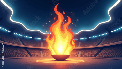 Burning ceremonial flame in a stadium surrounded by spotlights and spectators.