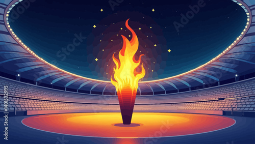 Bright burning Olympic flame in a stadium with glowing lights and dark background.