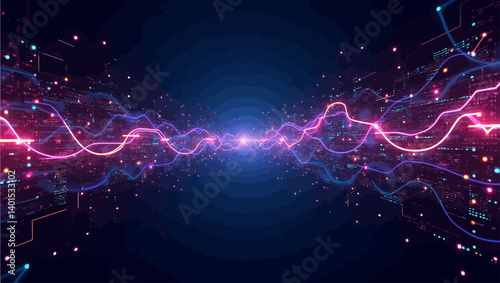 Neon wave energy flow in dark tech background, representing data and speed.