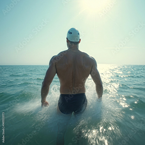 Muscular athletic male swimmer entering the ocean for a morning open water swim wearing speedo brief swimsuit and cap
