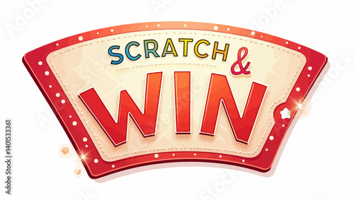 Colorful scratch and win ticket illustration with bold red and gold design.