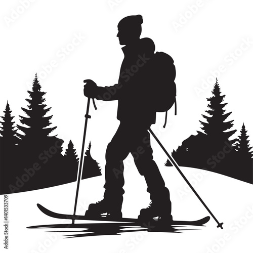 Silhouette Skier Backcountry Touring Landscape Illustration Vector Art