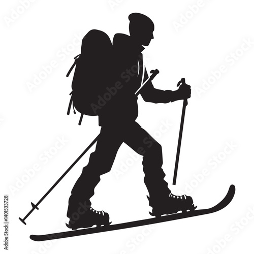 Silhouette Skier Backcountry Touring Winter Mountain Vector Art