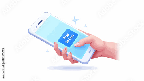  Hand holding smartphone with “Add to Cart” button in modern flat style.
