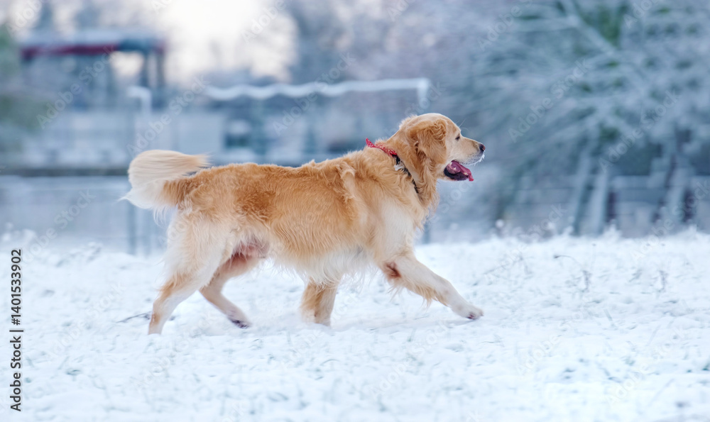 Beautiful Golden Retriever Dog Running Through The Snow Beautiful Golden Retriever Dog Running Through The Snow