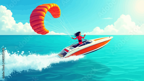  Woman on speedboat with parachute floating behind her on a calm blue sea.