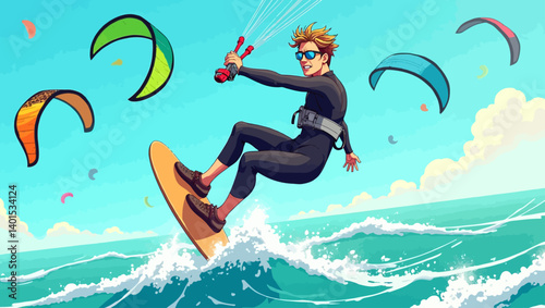 Kitesurfer riding ocean waves with colorful kites in the air under blue sky.