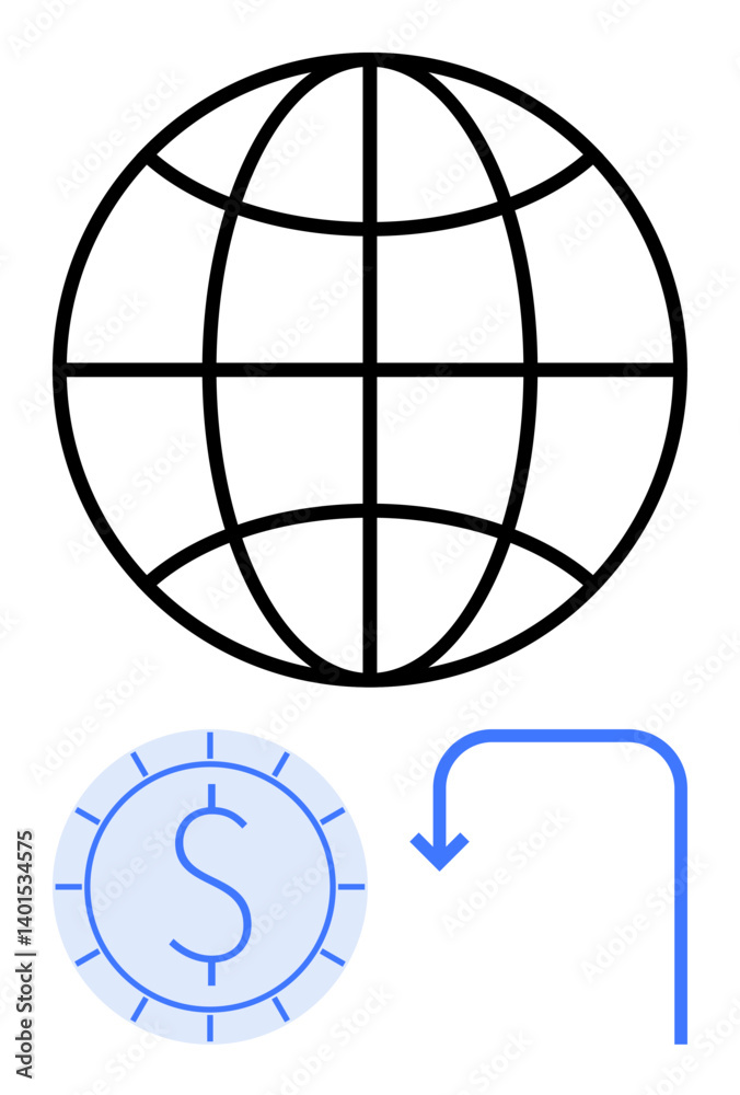 Globe with grid representing global access, coin symbolizing currency, and blue arrow indicating process or transaction. Ideal for global economy, finance, network, transaction, exchange, money Globe with grid representing global access, coin symbolizing currency, and blue arrow indicating process or transaction. Ideal for global economy, finance, network, transaction, exchange, money