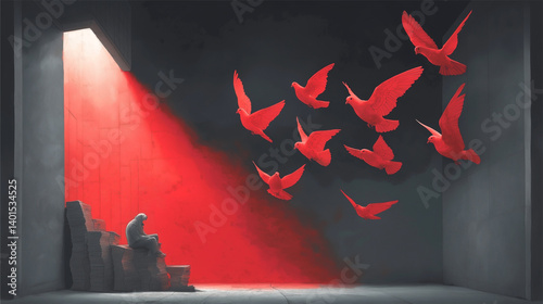 Holocaust symbolic art with solitary figure, red doves and beam of light in dark room
