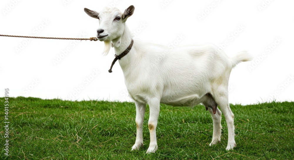 White goat stands on green grass with a lead against a white background. White goat stands on green grass with a lead against a white background.