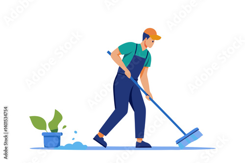 Worker Cleaning Floor Line Art