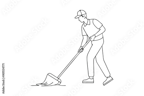 Vector Drawing of Janitor Mopping