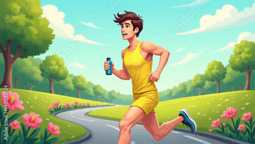 Male athlete running along flower-lined path in the park on a clear summer day.