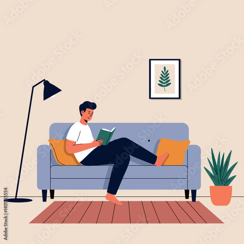 A young man relaxing on a cozy sofa while reading a book, showcasing a flat design style in vector art