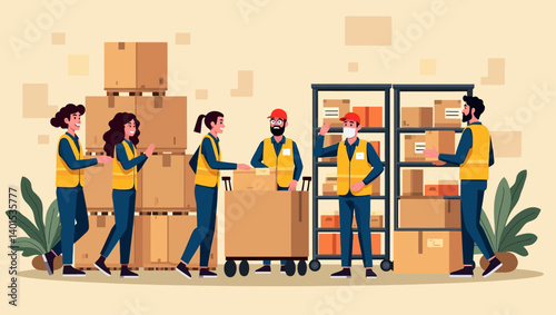 Workers in warehouse loading boxes and preparing deliveries with team cooperation.