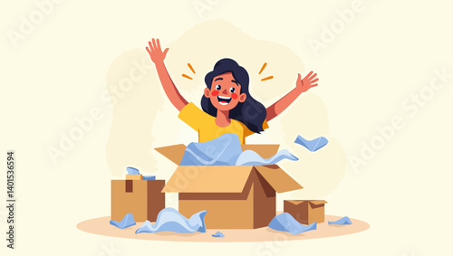 Happy cartoon girl enthusiastically opens a package box, celebrating a delivery in a fun, joyful scene.