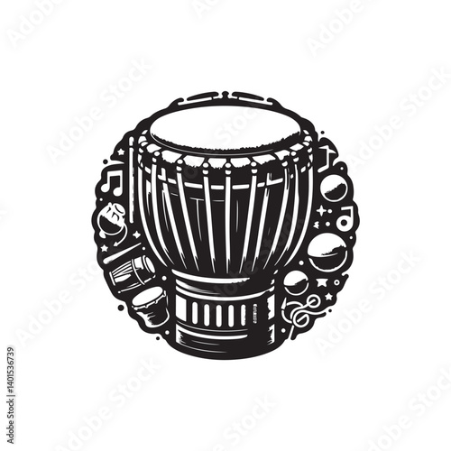 Black Color Djembe Silhouette Vector Illustration, Solid White Background