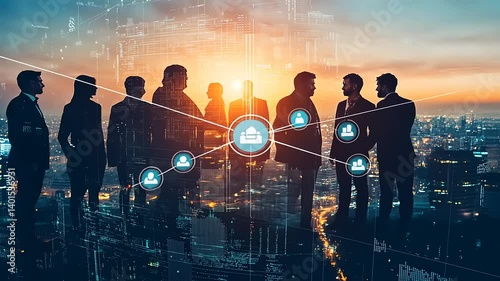 Silhouetted group stands atop a city, bathed in a warm sunset, interwoven with digital network lines