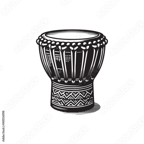 Black Color Djembe Silhouette Vector Illustration, Solid White Background