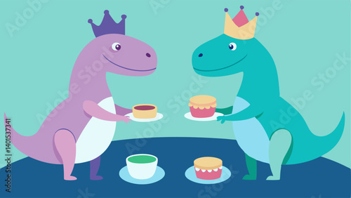 Pastry Feast An engaging illustration showing two dinosaurs one towering and the other smaller sitting opposite each other at a beautifully ornate table. The larger dinosaur