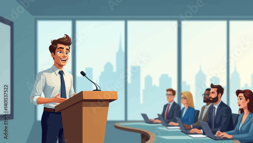 Businessman giving a presentation in a modern office with city skyline background and attentive audience.
