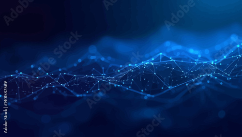 Dark blue futuristic wave network with glowing connected points, representing advanced digital technology and AI systems.