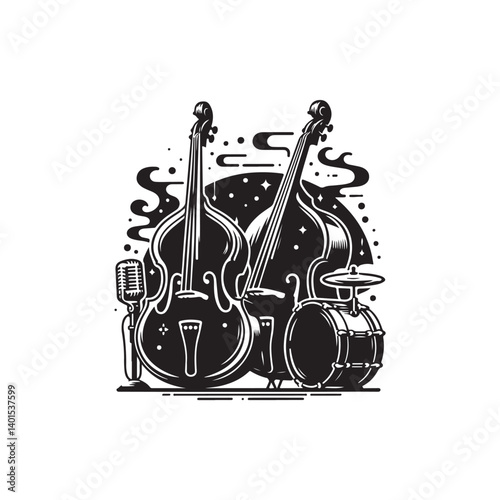 Black Color Double Bass Silhouette Vector Illustration, Solid White Background
