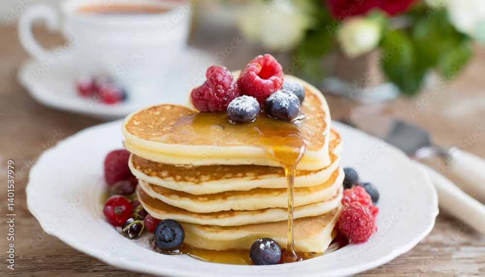 Pancakes heart-shaped arranged in a playful pattern, capturing the happiness of a morning breakfast Pancakes heart-shaped arranged in a playful pattern, capturing the happiness of a morning breakfast