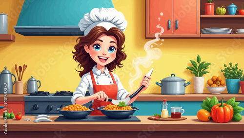 Smiling female chef in a colorful kitchen cooking a delicious meal in a pan with fresh vegetables on the counter.