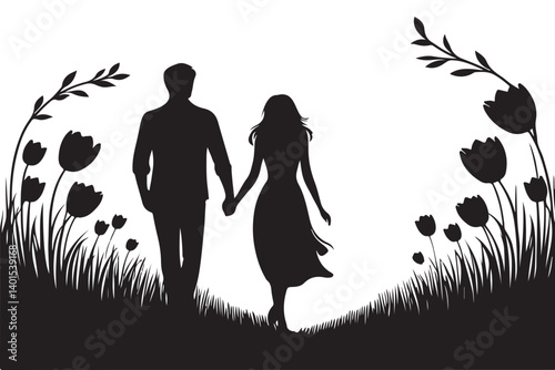 Romantic Couple Walking Silhouette Floral Illustration Graphic Design