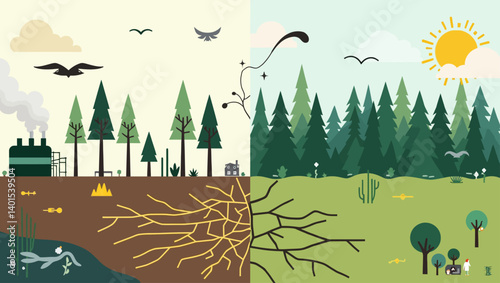 Environmental awareness illustration comparing polluted vs clean nature scenes, promoting sustainability.