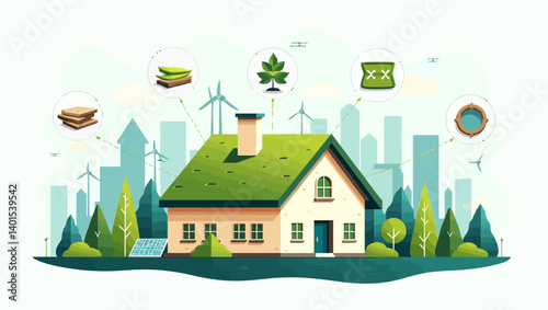 Eco house with green roof and sustainable materials, surrounded by nature and eco-friendly energy icons.