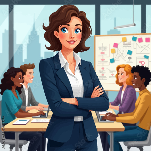 Confident female leader in office setting, with business team collaborating in the background.