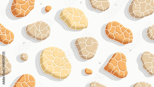 Seamless pattern of smooth natural stones with cracked textures in soft earthy tones for surface design.