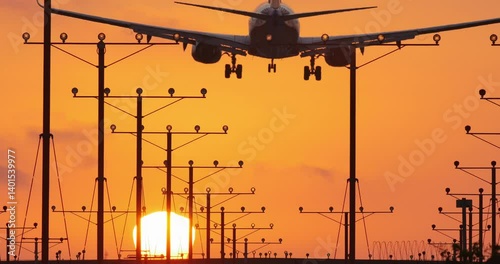 Airplane landing in airport at sunset.