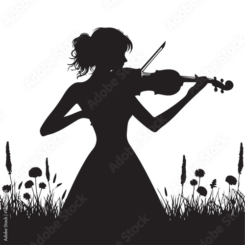 Silhouette of woman playing violin in meadow illustration