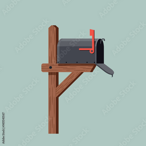 A classic wooden mailbox mounted on a post with a vibrant red flag in a minimal flat design vector illustration