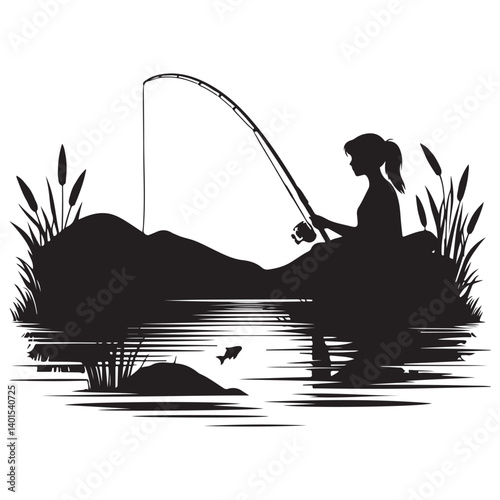 Silhouette Woman Fishing Peacefully by the Lake Graphic Design