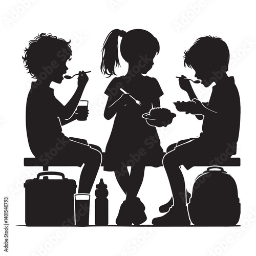 School Children Having Lunch Together at School Silhouette Illustration
