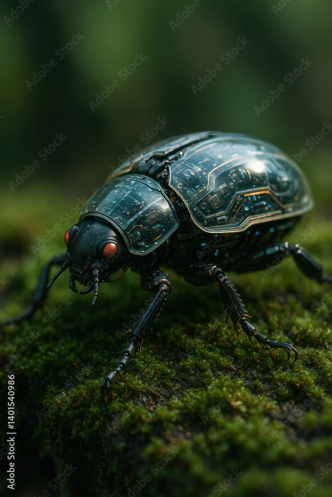 A close-up of a metallic beetle perched on vibrant green moss, showcasing intricate details and unique features against a blurred natural background. A close-up of a metallic beetle perched on vibrant green moss, showcasing intricate details and unique features against a blurred natural background.