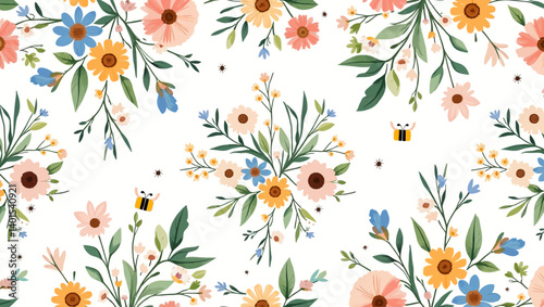 Botanical seamless design with clustered flower arrangements and flying bees on a white background.
