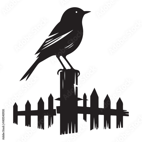 Bird Perched on Fence Post Silhouette Illustration Vector Graphic
