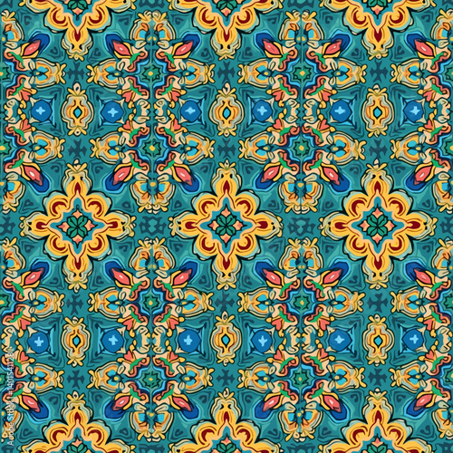 Ornate seamless pattern in baroque style with rich gold and turquoise tones, symmetrical and decorative layout.