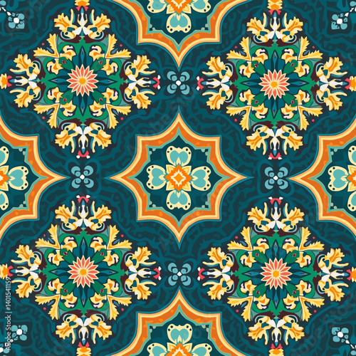 Symmetrical floral pattern with ottoman and baroque influences, rich in teal, orange, and golden tones.