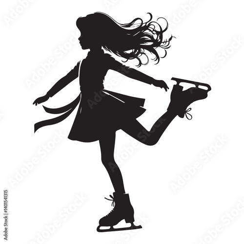 Girl Ice Skating Silhouette Wearing Dress Vector Art Illustration