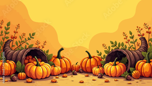 Autumn harvest scene with pumpkins, leaves, and horn of plenty in a warm yellow-orange seasonal background.