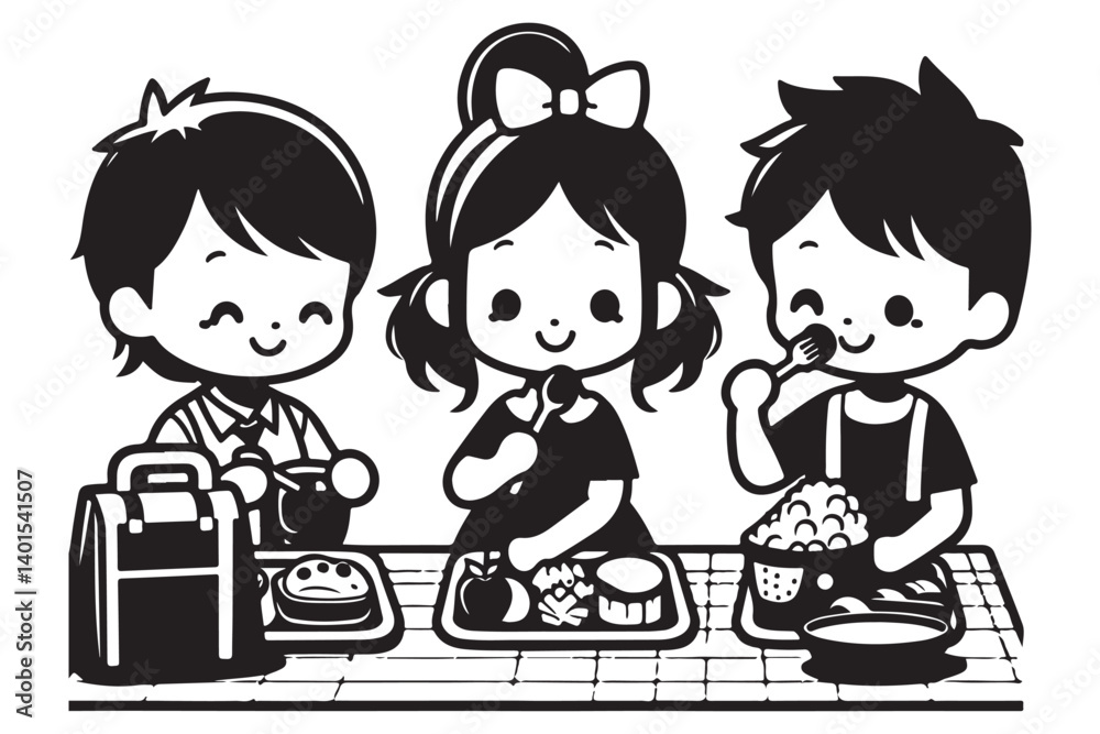 Illustration of kids at the school lunch table at cafeteria Illustration of kids at the school lunch table at cafeteria