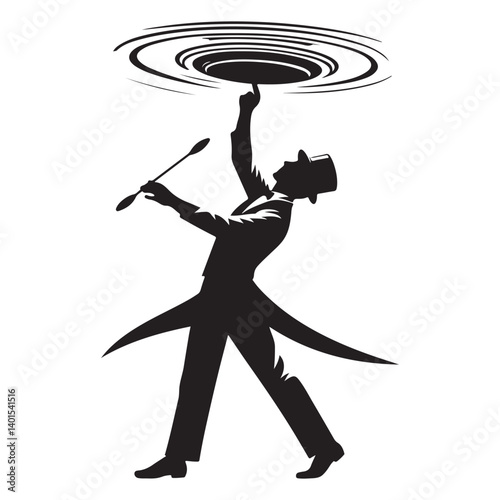 Silhouette illustration of a man spinning plate on a stick
